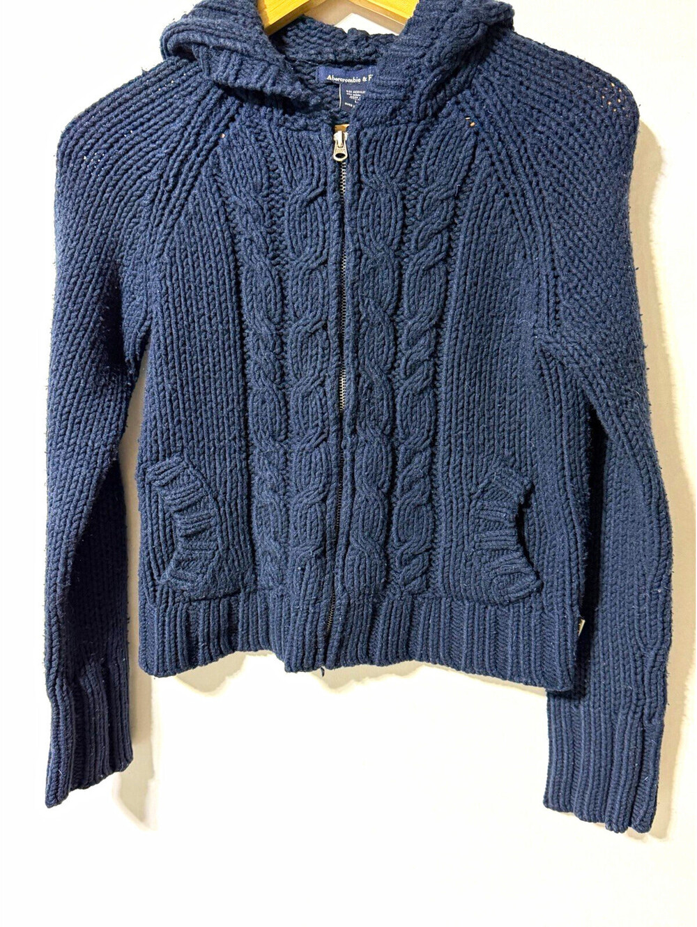 Abercrombie & Fitch 47% Wool Full Zip Hooded Cable Knit Sweater Vintage 90s Y2K